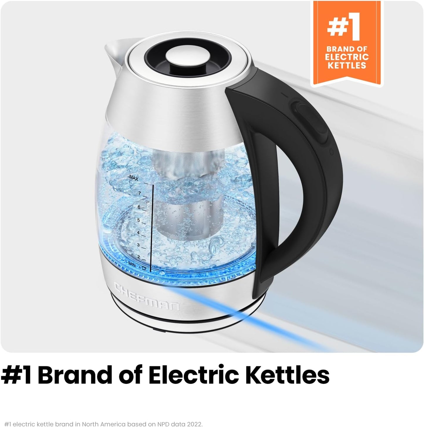 Chefman Electric Kettle for Boiling Water, 1.8L 1500W, Removable Tea Infuser, Auto Shut Off, Boil-Dry Protection, BPA Free, Borosilicate Glass, Hot Water Boiler, Electric Tea Kettle - Stainless Steel