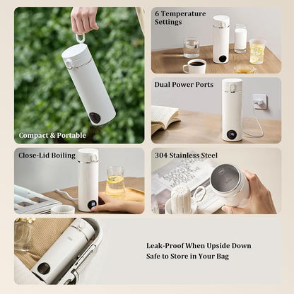 Portable Electric Kettle, 500ml Portable Kettle with USB-C Charger, Mini Travel Kettle with Carry Handle & 6 Adjustable Temperature Settings, Dual Power Modes for Home Travel Car Camping