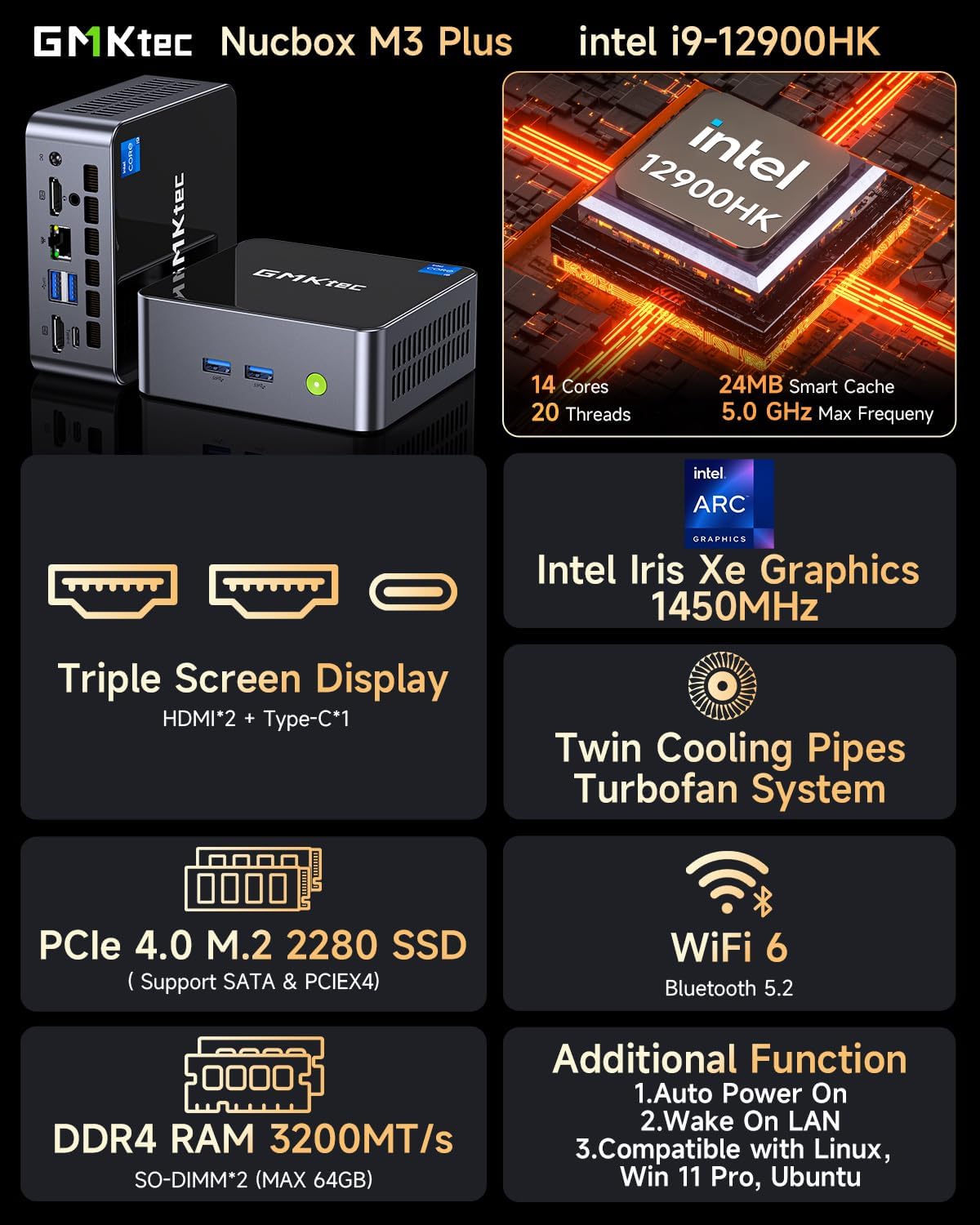 GMKtec Mini PC Intel Core i9 12900HK(14C/20T 5.0 GHz) W11 Pro, Desktop Computer 32GB DDR4 RAM+1TB NVMe SSD, Triple 4K Display, WiFi 6, BT5.2, USB-C M3 Plus