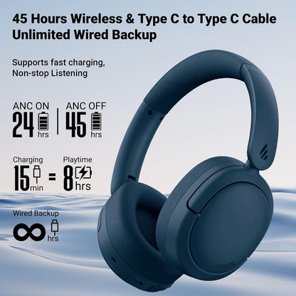 Edifier V80 Hybrid Active Noise Cancelling Bluetooth Headphones, Wireless Over Ear Headset with 45H Playtime, Wired Hi-Res Audio Fast Charging Multipoint Connection for Home Travel Office - Navy Blue