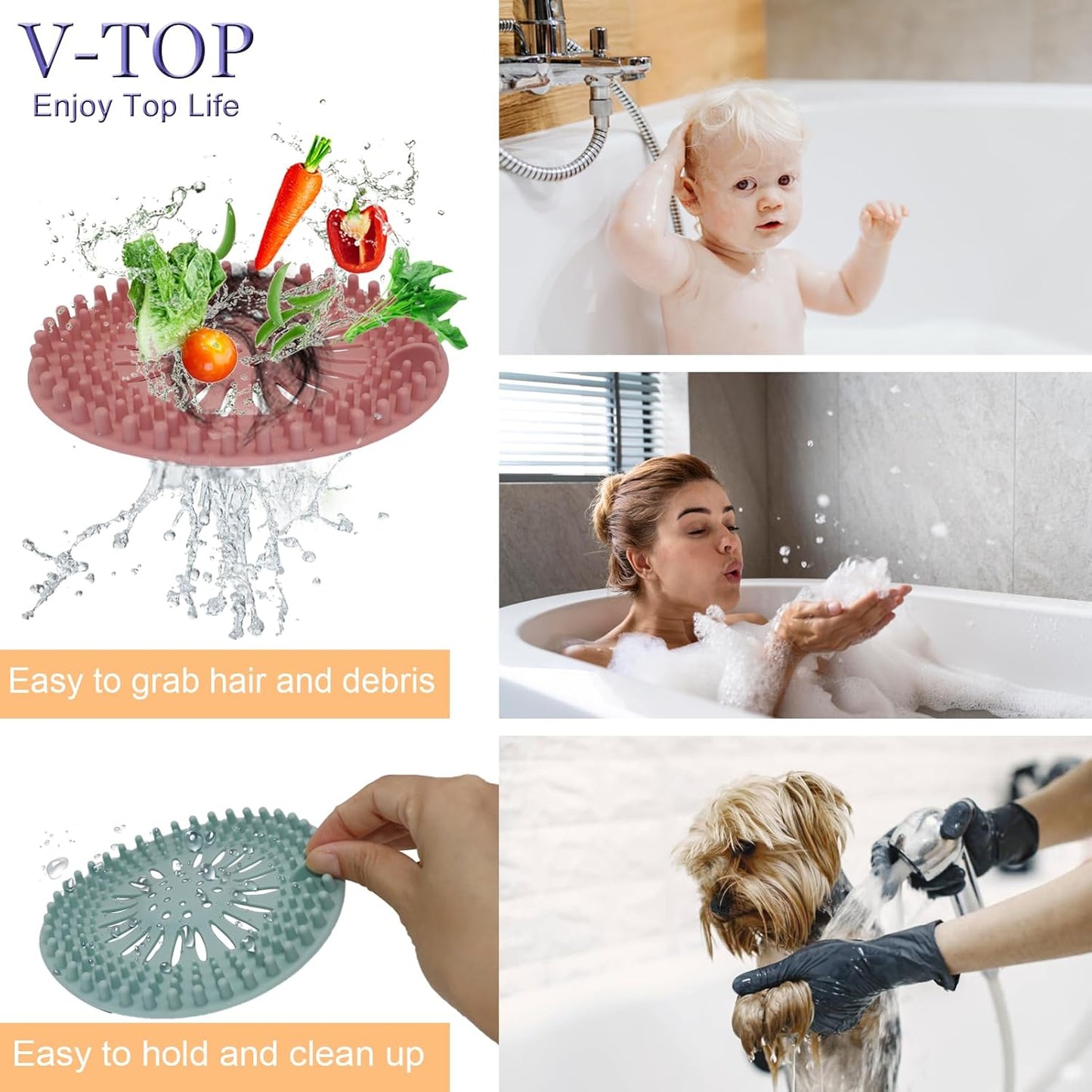 V-TOP Tub Stopper 2 Pack, 6 inches Large Silicone Drain Plug Hair Stopper Flat Suction Cover for Kitchen Bathroom Accessories and Laundry