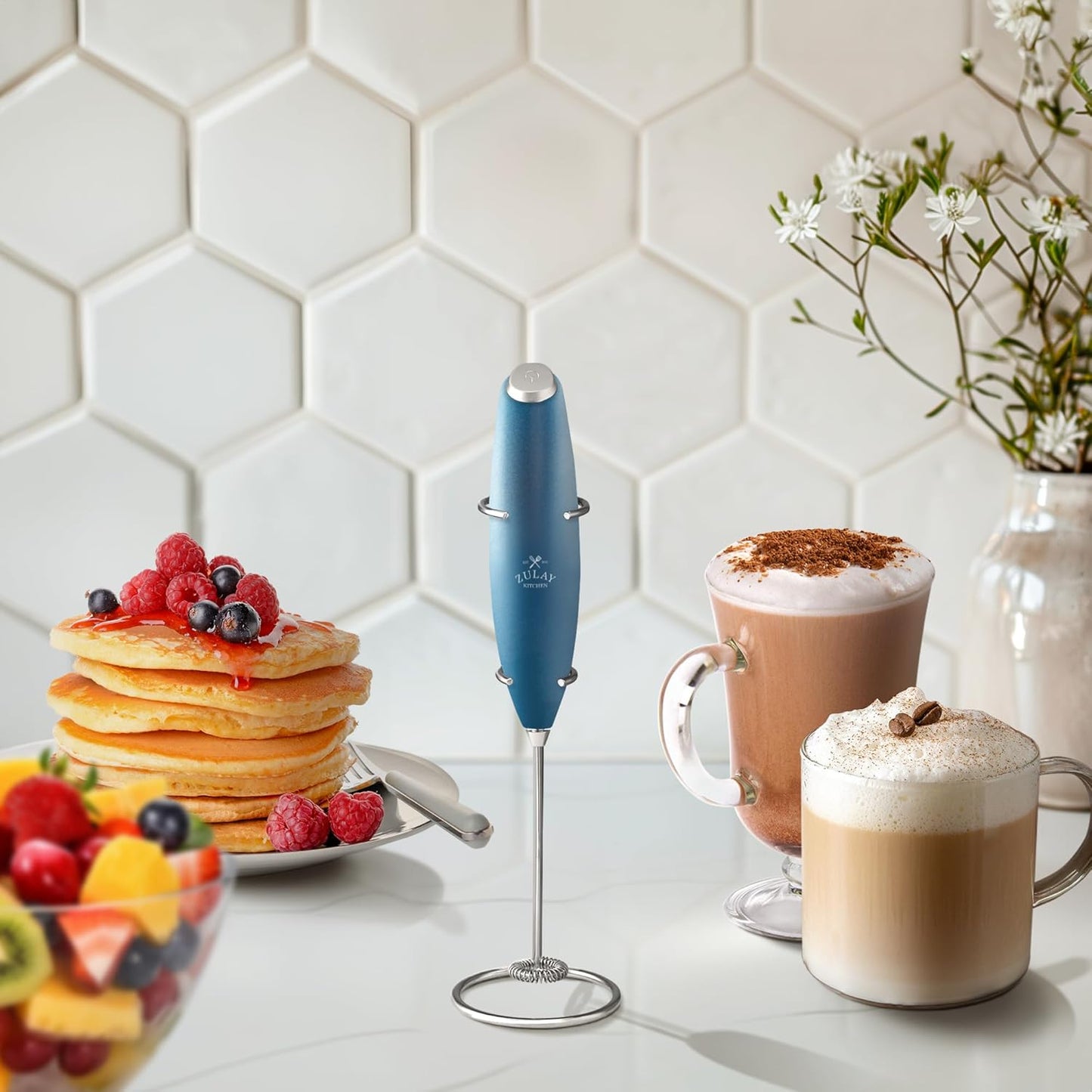 Zulay Kitchen Powerful Double Whisk Milk Frother Handheld - Foam Maker with Stand - Whisk Drink Mixer for Coffee, Mini Foamer for Latte, Matcha, Frappe, Hot Chocolate & Cappuccino (Black)