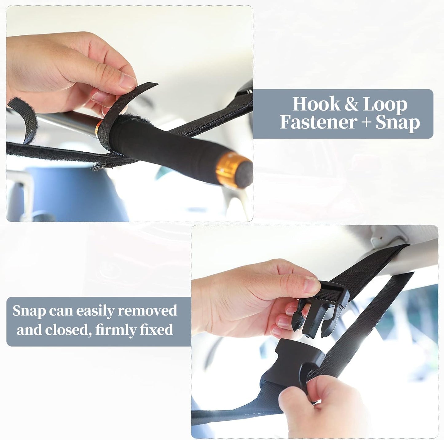 Raynesys 2 Pack Vehicle Fishing Rod Holder, Car Adjustable Fishing Rod Holder Fishing Rod Rack, Easy Install Fishing Car Rod Carrier Belt Strap for Long Travel and Fishing for SUV, Wagons, Van, Black