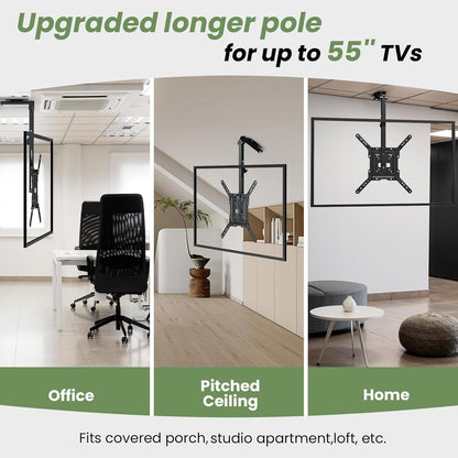 Ceiling TV-Mount Flip Down Folding - 23-55'' Manual Drop Down TV Mount, Fits Flat and Pitched Roof, Height Adjustable, Swivel, Max Load 44 lbs, Max VESA 400x400 mm, Black
