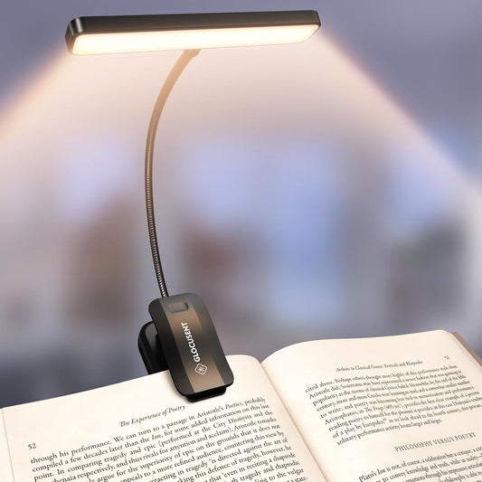 Glocusent 26 LED Rechargeable Book Light, 1200 mAh Battery for 100 Hrs, 5 Amber Colors & Stepless Dimming Book Lights for Night Reading - Portable Clip on Reading Light for Book Lovers Kids