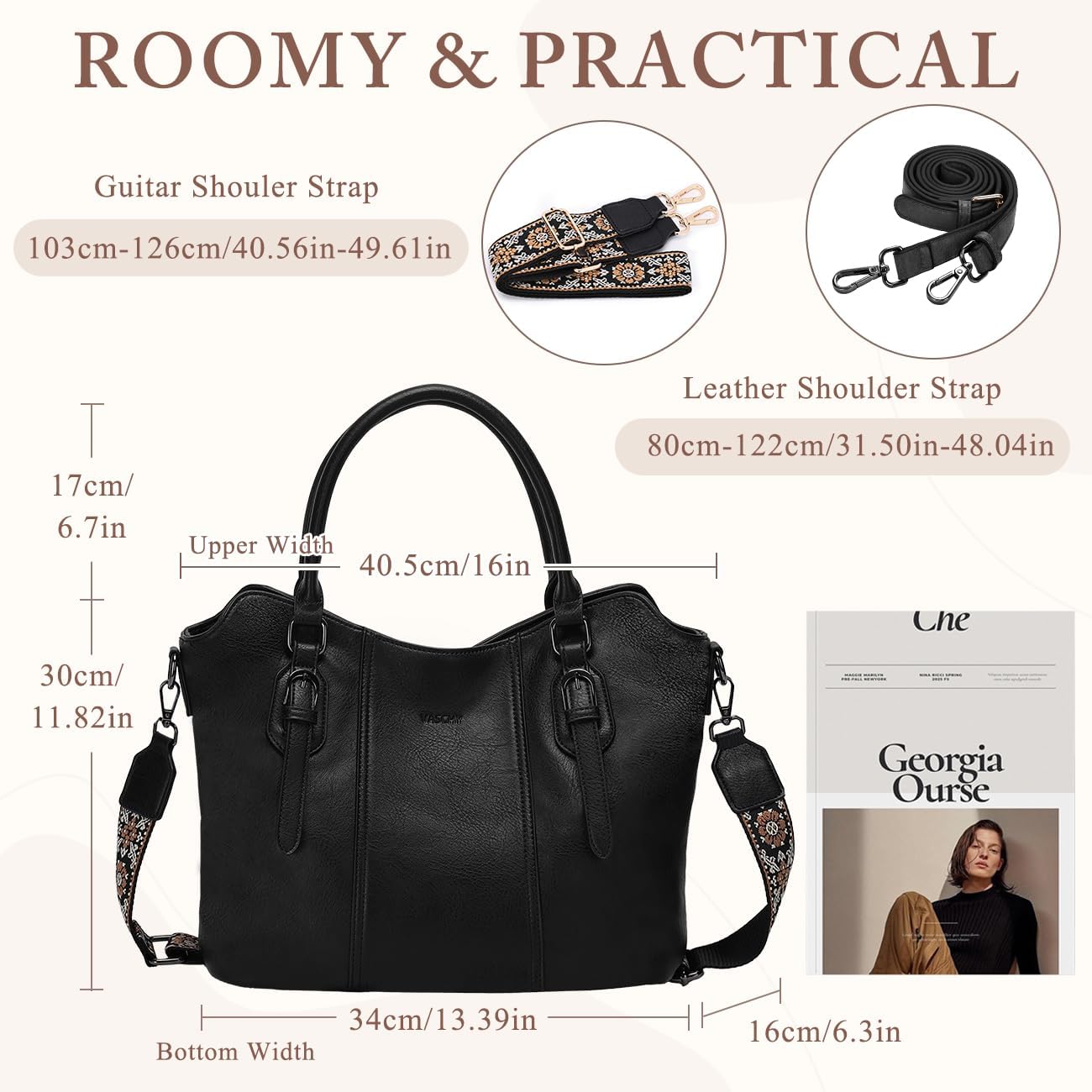 Hobo Bags for Women,VASCHY Vegan Leather Handbag Purse Top Handle Satchel Boho Shoulder Bag with Crossbody Guitar Strap