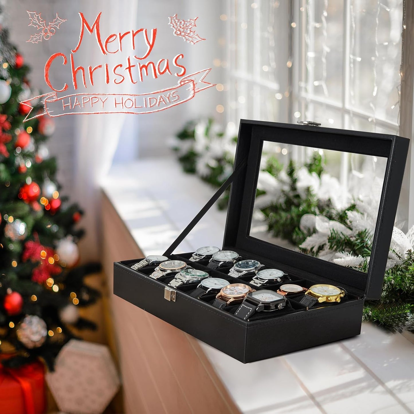 Ohuhu Watch Box Organizer for Men -12 Slot Leather Watch Case with Real Glass Lid Watch Display Case, Watch Organizer Jewelry Storage Box