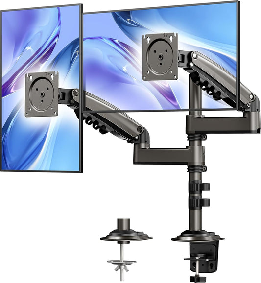 HUANUO Dual Monitor Stand - Height-Adjustable Dual Arm Monitor Mount Desk Stand, Fits Two 17 to 32 Inch Screens with Clamp and Grommet Mounting Base, Each Arm Holds up to 20lbs - PuriLite