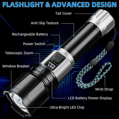 Flashlight Rechargeable 990000 High Lumens, Super Bright LED Flash Light with LCD Digital Display, Tactical Flashlights with IPX7 Waterproof, 6 Modes Brightest Flashlight for Camping, Emergency