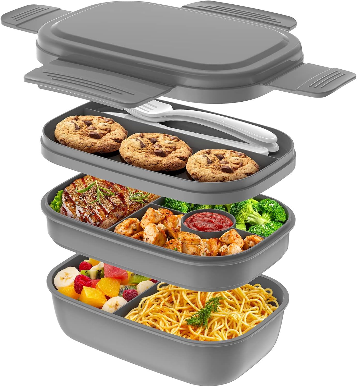Bento Box Adult - 3 Layers Stackable Lunch Containers for Adults & Kids, 72oz Large Salad Containers for Lunch with Utensil Sauce Dressing Containers for Dining Out,Work,Pink