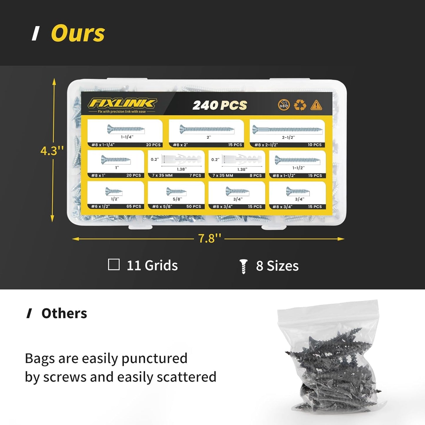 Wood Screws Assortment Kit, FIXLINK 240 PCS High Hardness Flat Head Wood Screws Set, Phillips Drive Screws, Contain 15PC Drywall Anchor and 8 Size (2-1/2”,2”,1-1/2”,1-1/4”,1”,3/4”,5/8”,1/2”), Black