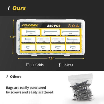 Wood Screws Assortment Kit, FIXLINK 240 PCS High Hardness Flat Head Wood Screws Set, Phillips Drive Screws, Contain 15PC Drywall Anchor and 8 Size (2-1/2”,2”,1-1/2”,1-1/4”,1”,3/4”,5/8”,1/2”), Black