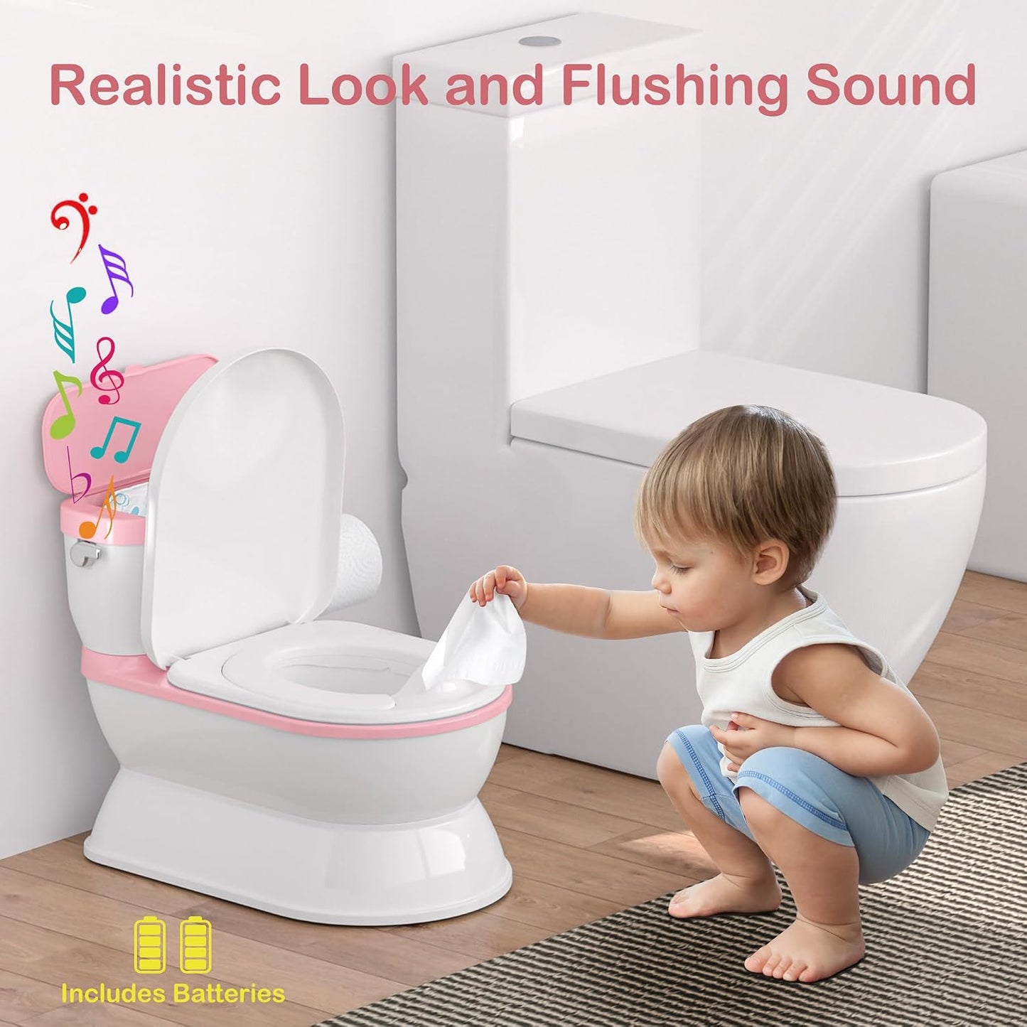 CheerTry Toddler Potty Training Toilet, Larger Potty Chair, Detachable Seat Suitable for Boys & Girls Ages 1-3, with Flushing Sound, Wipes Storage, Toilet Lid & Toilet Paper Holder - Pink