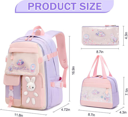 FIXITOK Girls Backpack Set, 3PCS Kids Backpack for Girls, Kawaii Bunny School Backpacks for Girl Kindergarten Elementary Preschool Middle School Bags with Lunch Box Pencil Case Aquamarine
