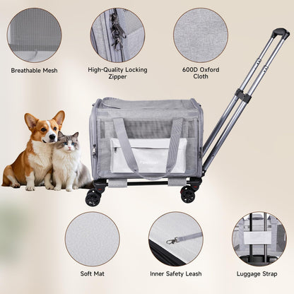 Pet Carrier Bag with Detachable Wheels for Cat or Small Dog, Grey | Travel Hand Portable Bag, Large, with Handle, Breathable Mesh, Ventilated, Airline approved, Collapsible, Locking Zipper