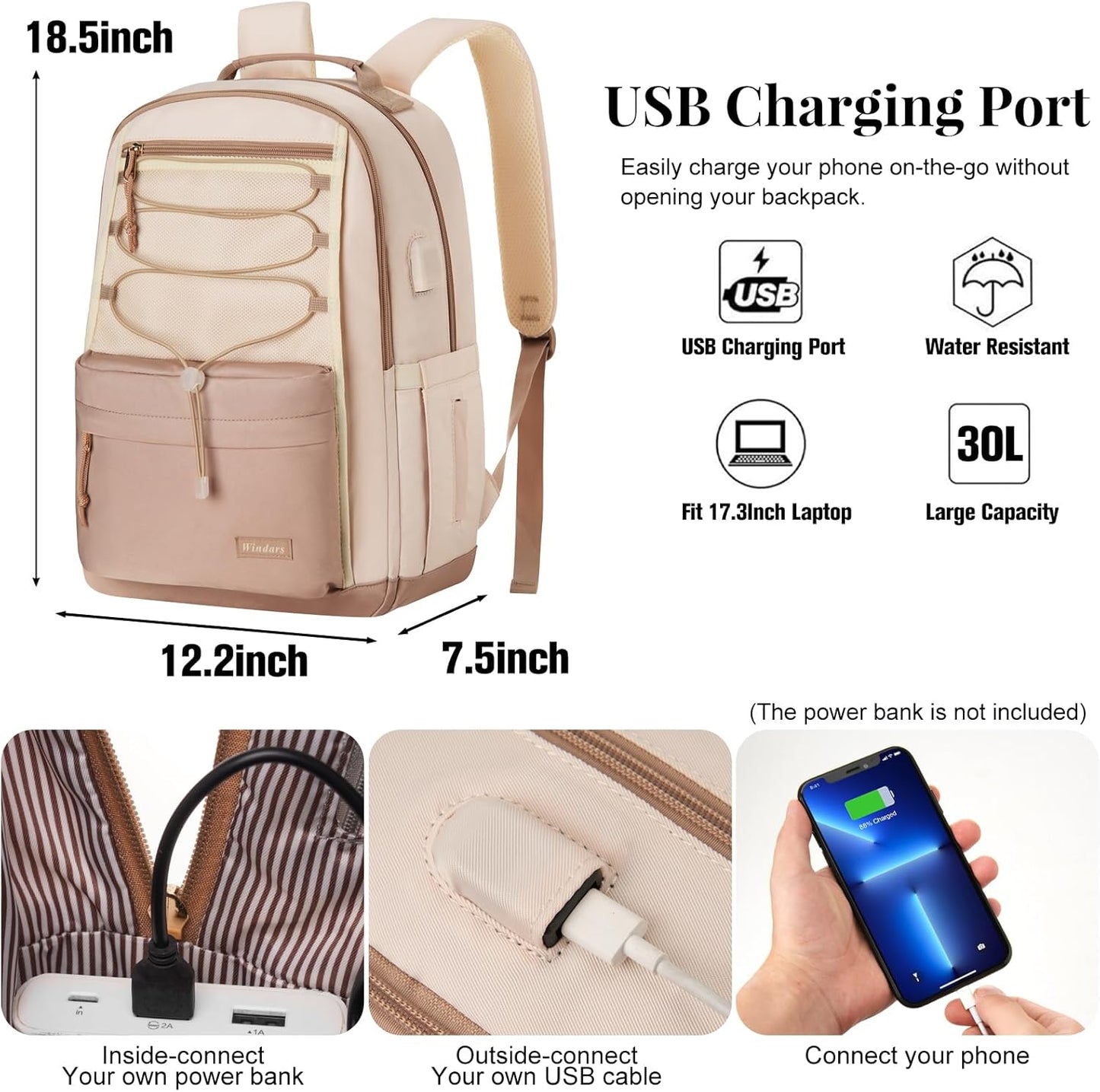 WINDARS School Backpack for Teens Girls, Aesthetic College Backpack Large Bookbag for Women Students Fashion 15.6 Inch Laptop Bag for Work Travel (Khaki Beige)