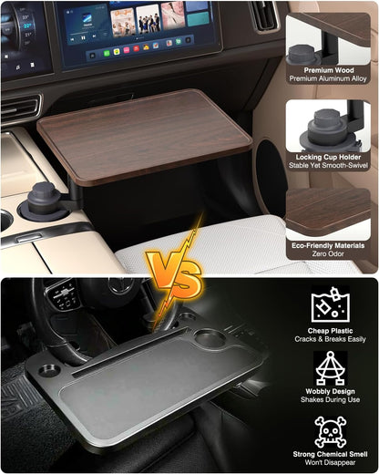 Car Desk & Cup Holder Tray | 360° Rotating Wooden Car Table for Laptop, Meals & Travel