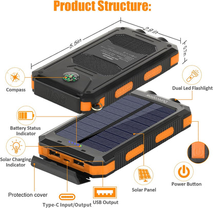 Solar Charger Power Bank, 20000mAh Portable Outdoor Waterproof Solar Battery Charger, Camping External Backup Battery Pack USB C Ports Input/Output, 2 Led Light Flashlight with Compass (Orange)