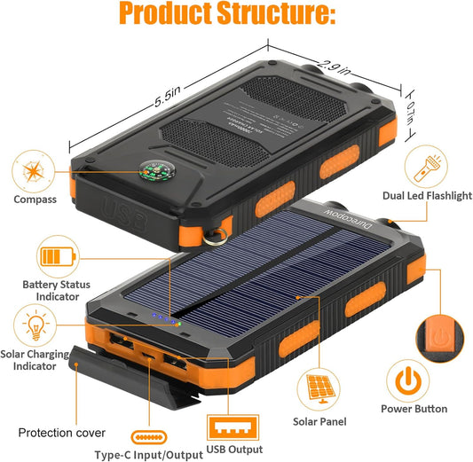 Solar Charger Power Bank, 20000mAh Portable Outdoor Waterproof Solar Battery Charger, Camping External Backup Battery Pack USB C Ports Input/Output, 2 Led Light Flashlight with Compass (Orange)