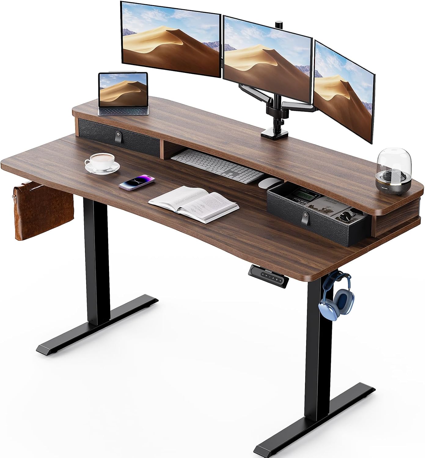 HUANUO 60″ x 30″ Electric Standing Desk with 2 Drawers, C-Clamp Mount Compatible, Height Adjustable Computer Desk, Home Office Stand Up Desk with 4 Preset Heights & 2 Hooks, Vintage Brown