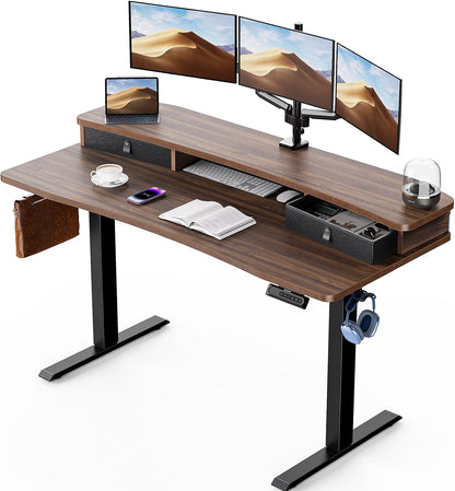 HUANUO 60″ x 30″ Electric Standing Desk with 2 Drawers, C-Clamp Mount Compatible, Height Adjustable Computer Desk, Home Office Stand Up Desk with 4 Preset Heights & 2 Hooks, Vintage Brown