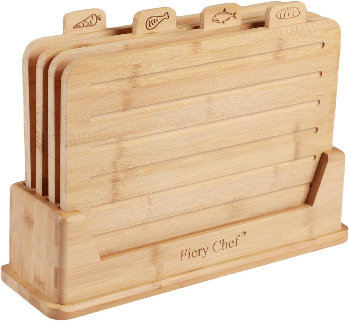 Fiery Chef Bamboo Cutting Board Set of 4 with Holder – Double-Sided Wood Chopping Boards with Food Icons & Juice Groove – For Meat, Fish, Bread, Vegetables & Fruit (12.6" x 9") - PuriLite
