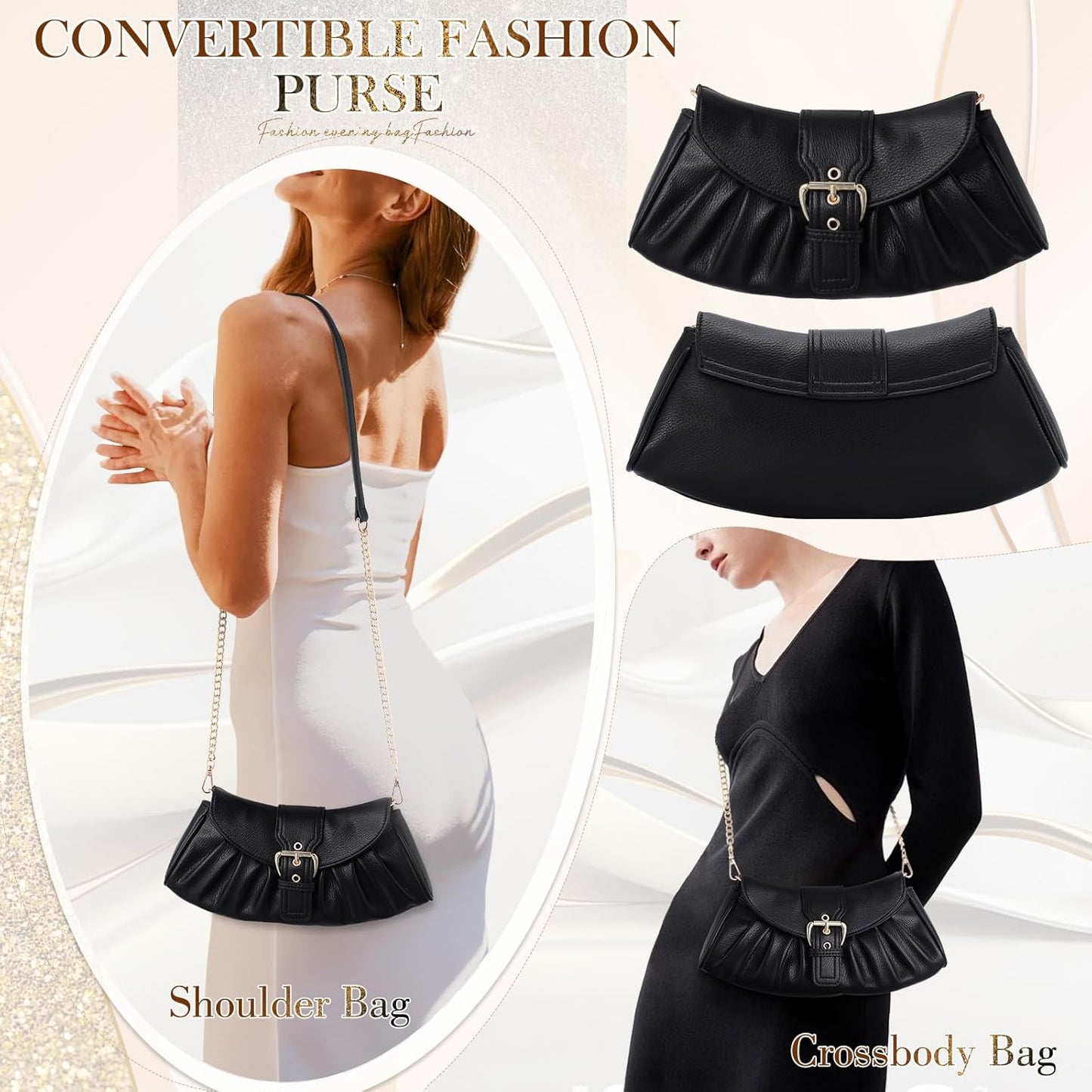 VX VONXURY Clutch Purse for Women Elegant Pleated Evening Bag with Chain Strap for Wedding Party Dating - PuriLite