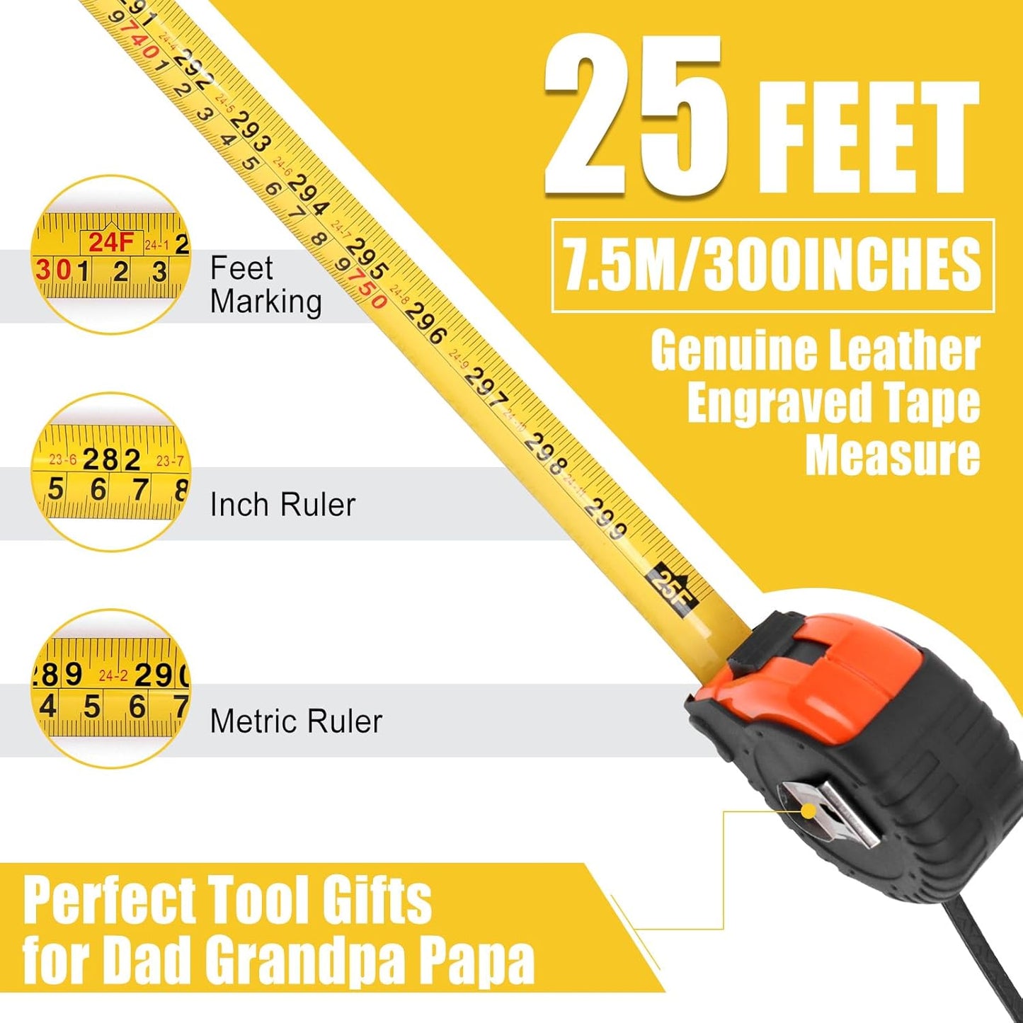 Genuine Leather Engraved 25 FT Tape Measure – Bonus Dad & Step Dad Gift – Stocking Stuffer Tool for Men with “No One Measures Up to You” Message