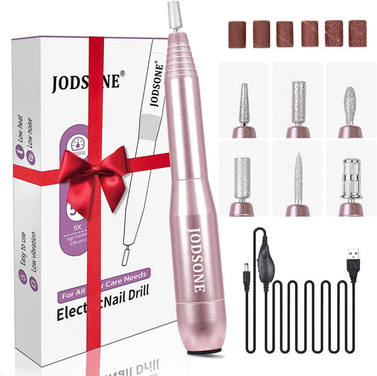 JODSONE Professional Electric Nail Drill 20000RPM Low Noise Work efficiently with 6 Replacement Drills for Salon and Home Use