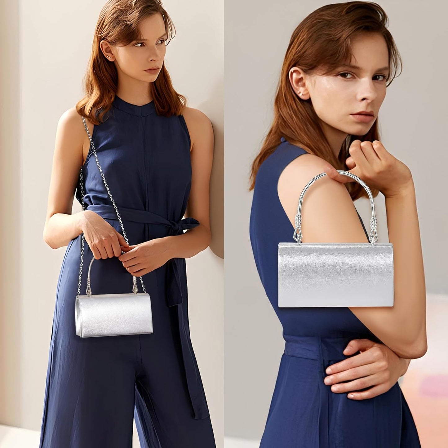 Larcenciel Clutch Purses for Women, Elegant Metallic Silver Evening Handbags with 2 Chain Straps, Fashion Vegan Leather Ladies Party Bags for Prom Wedding Cocktail Club Formal Events Nights Out, Small - PuriLite