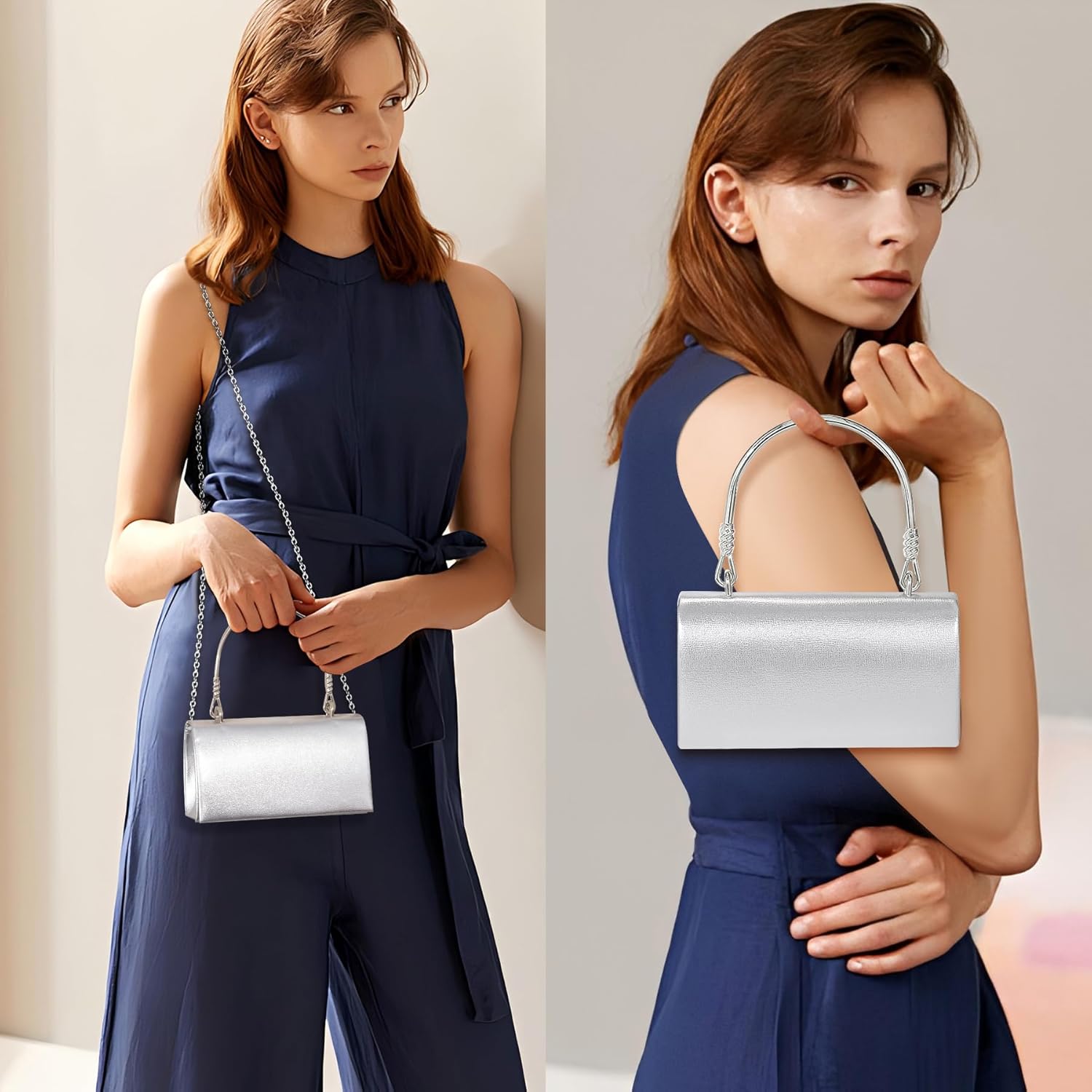 Larcenciel Clutch Purses for Women, Elegant Metallic Silver Evening Handbags with 2 Chain Straps, Fashion Vegan Leather Ladies Party Bags for Prom Wedding Cocktail Club Formal Events Nights Out, Small - PuriLite