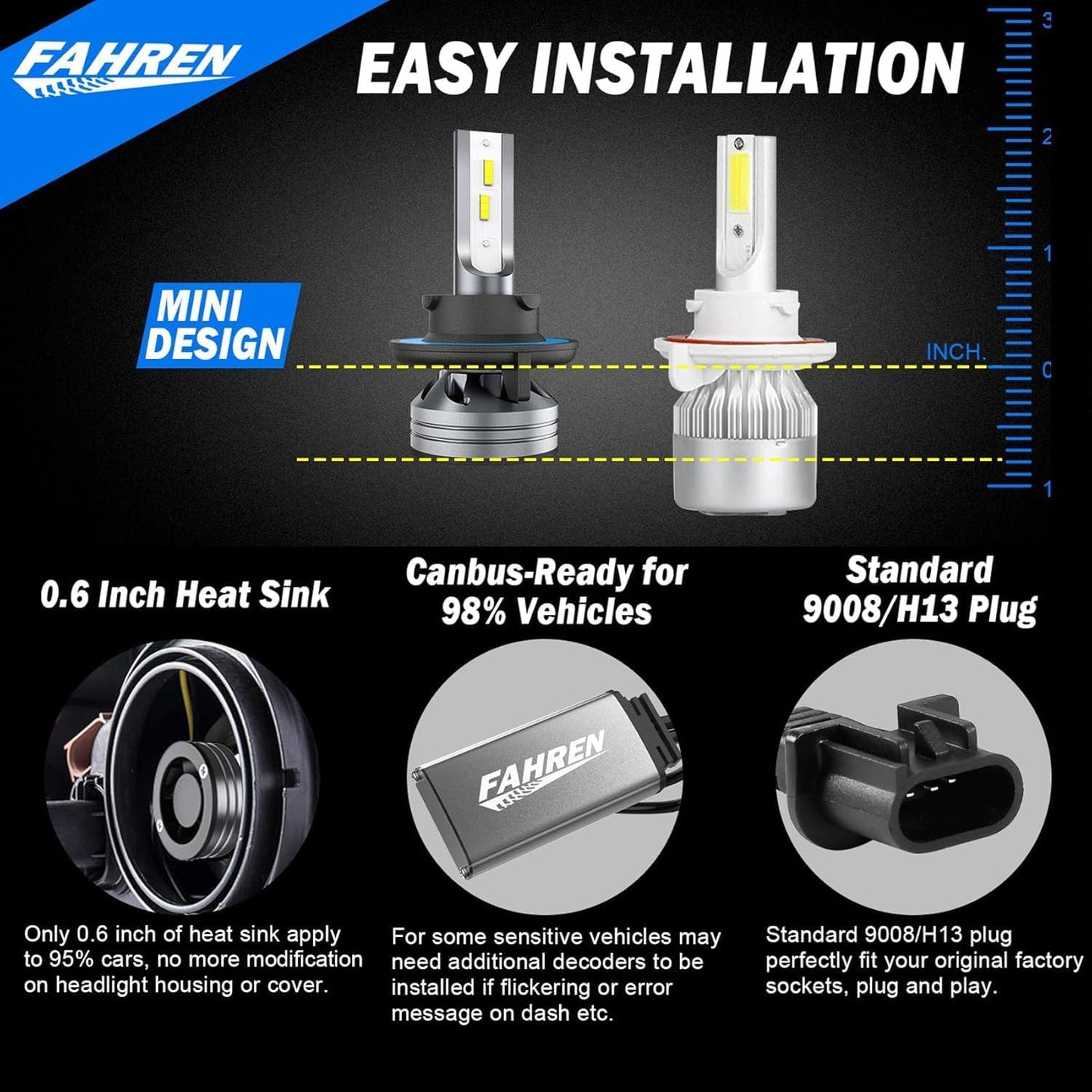 FAHREN H11 H9 LED Headlight Bulbs, 40000LM Super Bright H11 LED Bulb with Canbus Driver, 360° Adjustable Light Angle Halogen Replacement Kit, 6500K White IP68 Waterproof, Pack of 2