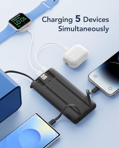 VRURC 10000mAh Power Bank Built-in Cables, Portable Charger with LED Display, Slim Intelligent Travel Battery Pack with Cords, 5 Output Dual Input Phone Charger for Cell Phone Smart Devcies-Blue
