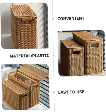 Narrow Wicker Storage Basket | Plastic Rattan Organizer | Rectangular Storage Box with Lid | Home Organization Basket | Lightweight Storage Container - PuriLite