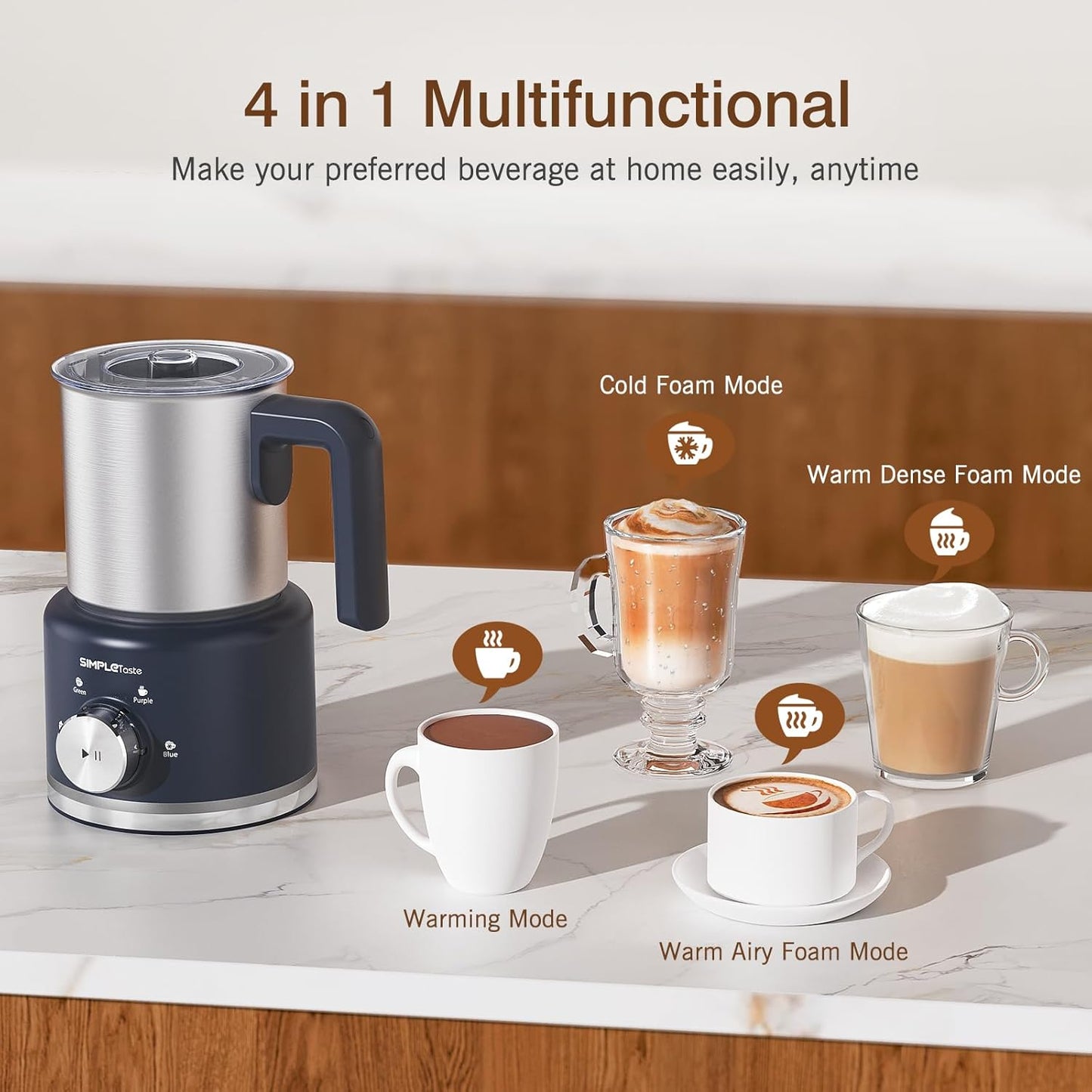 SIMPLETASTE Milk Frother, 4 in 1 Electric Milk Steamer, 16.91oz/500ml Automatic Warm and Cold Foam Frother for Coffee, Latte, Macchiato, Cappuccino, Hot Chocolate