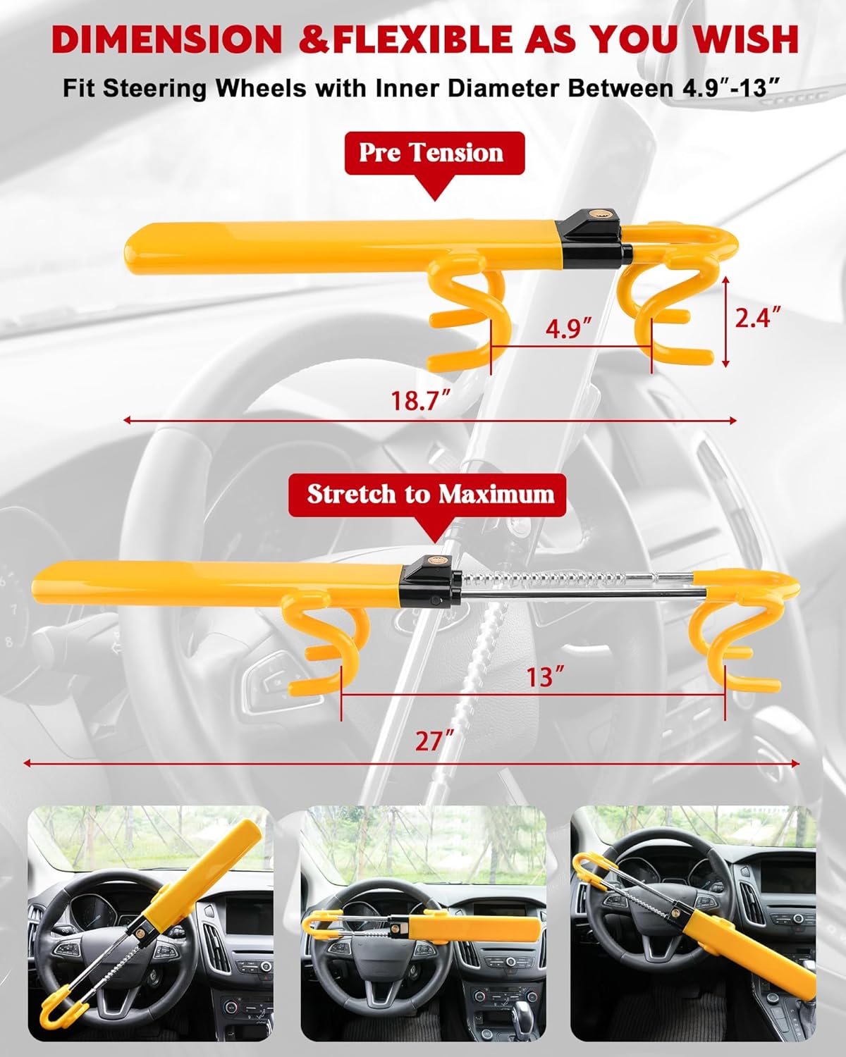Tevlaphee Steering Wheel Lock Anti-Theft Car Device Heavy Duty Security Car Lock Antitheft Locking Devices Great Deterrent Adjustable Car Wheel Lock Anti Theft for Vehicle Truck with 3 Keys(Yellow)