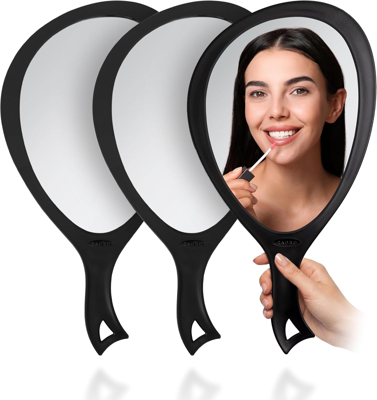 Zadro Salon Professional Extra Large Hand Mirror with Handle, 10" W x 19" L, Multi-Purpose Oval Handheld Mirror with New Distortion-Free Reflection (3, Black, Large (Pack of 3))
