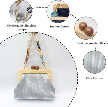 CORIOS Women Evening Bag Pleated Clutch Bag Wooden Beads Handbag Bridal Wedding Purse Elegant PU Leather Shoulder Bag