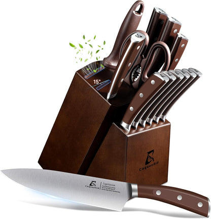 Knife Set with Block, Kitchen Chef Knives Set with Sharpener, Stainless Steel Knife Block Set, 6 Pcs Steak Knife Set Serrated, German Dishwasher Safe, Beveled Design Brown 15 Pieces