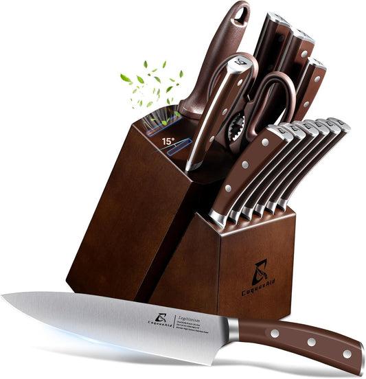 Knife Set with Block, Kitchen Chef Knives Set with Sharpener, Stainless Steel Knife Block Set, 6 Pcs Steak Knife Set Serrated, German Dishwasher Safe, Beveled Design Brown 15 Pieces