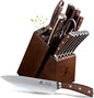 Knife Set with Block, Kitchen Chef Knives Set with Sharpener, Stainless Steel Knife Block Set, 6 Pcs Steak Knife Set Serrated, German Dishwasher Safe, Beveled Design Brown 15 Pieces
