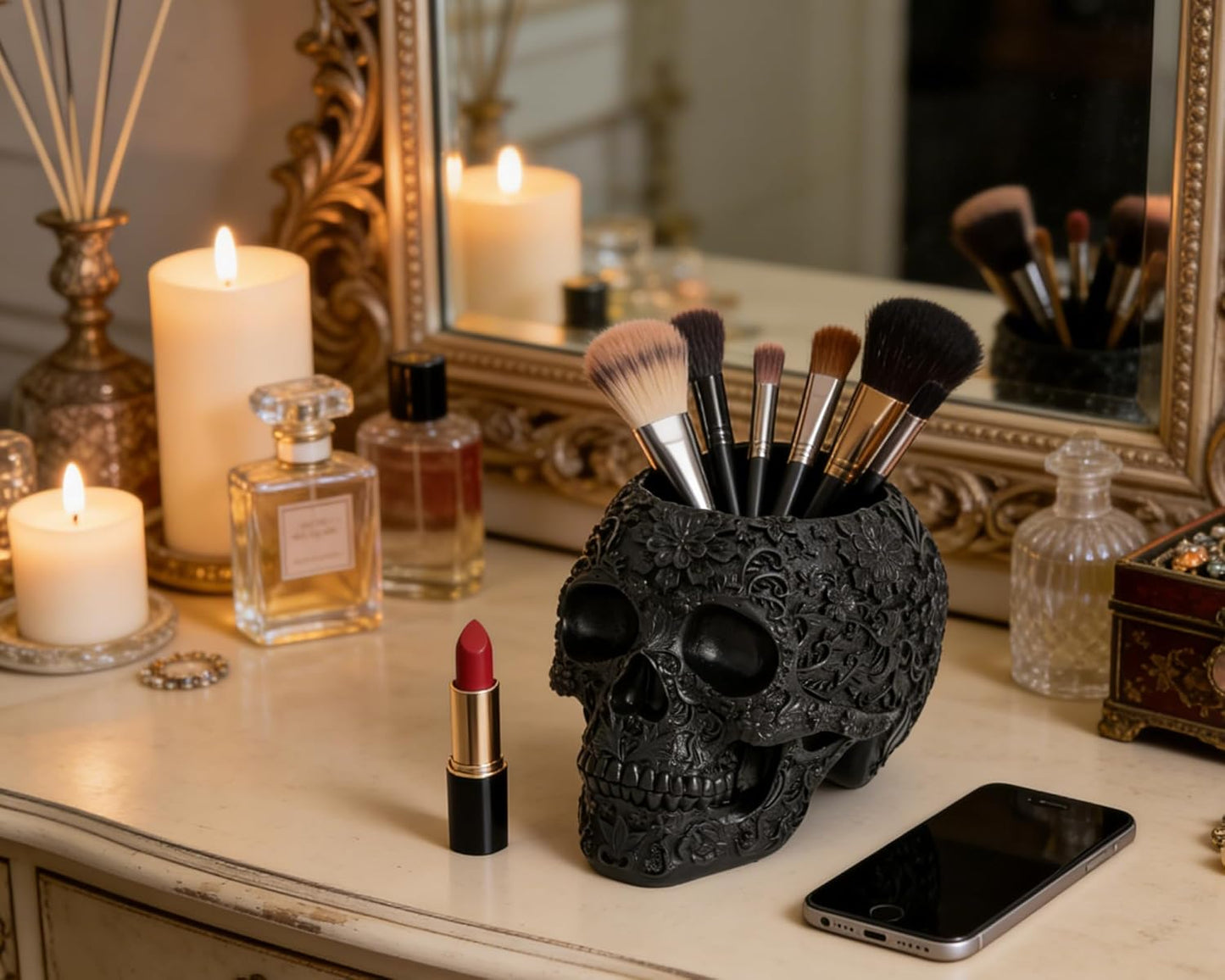 Black Skull Organizer | Makeup Brush Holder | Candy Bowl | Pen Holder | Gothic Skull Décor