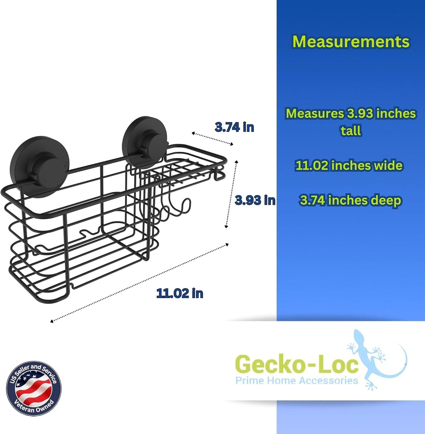 Gecko-Loc Suction Cup Shower Caddy Bath Organizer - Bathroom Storage Basket (Black, Combo)