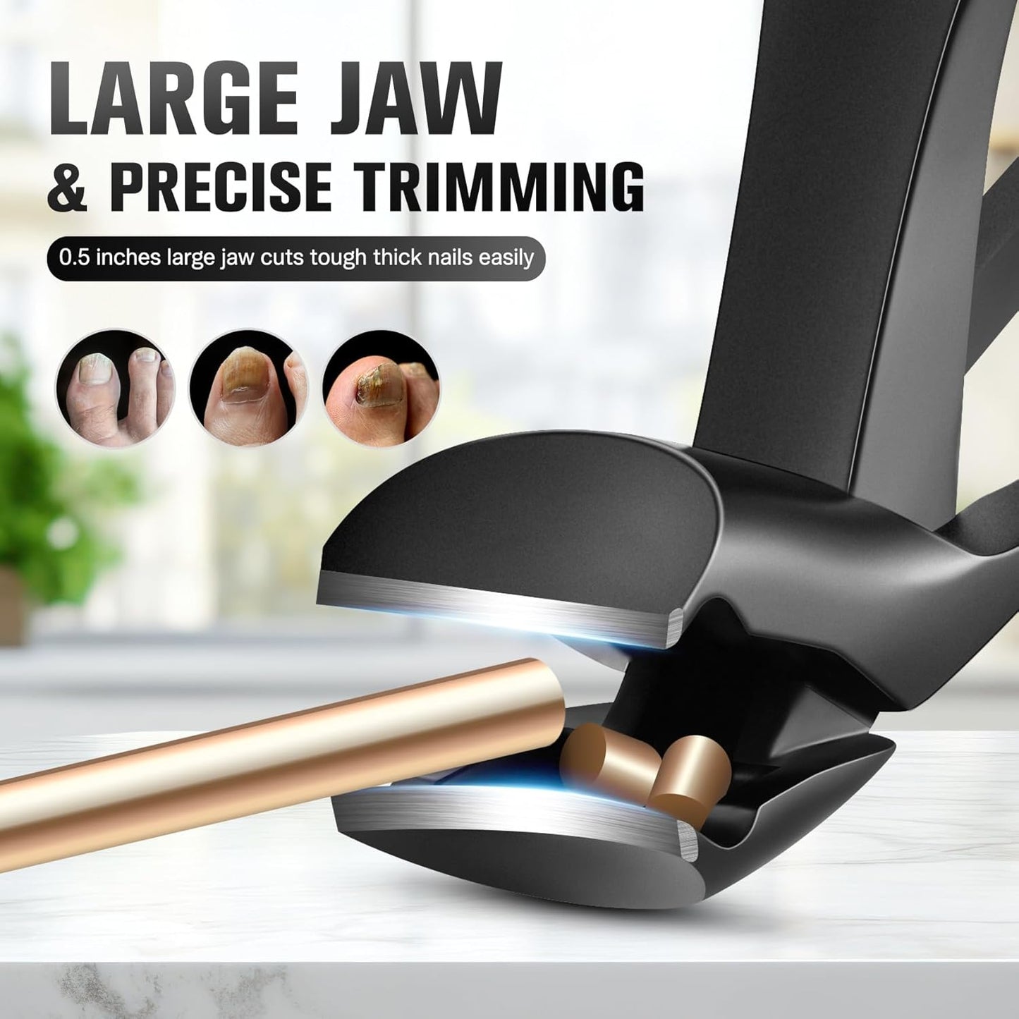 FERYES Angled Head Long Handled Toenail Clipper for Seniors - Large Wide Jaw Nail Clipper with Catcher for Thick Nails - Easier Trimming, Ergonomic Design (Black)
