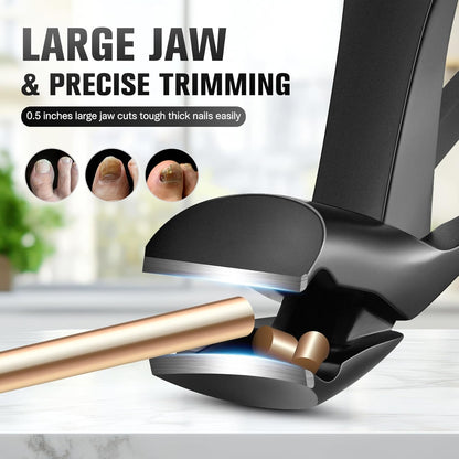 FERYES Angled Head Long Handled Toenail Clipper for Seniors - Large Wide Jaw Nail Clipper with Catcher for Thick Nails - Easier Trimming, Ergonomic Design (Black)