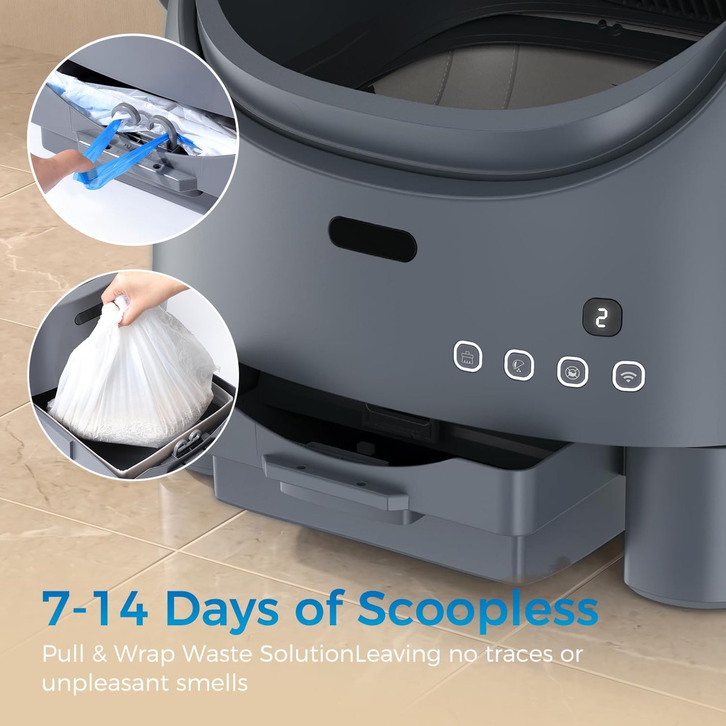 Open-Top Self-Cleaning Cat Litter Box, Automatic Cat Litter Box with APP Control, Odor-Free Waste Disposal Includes Trash Bags