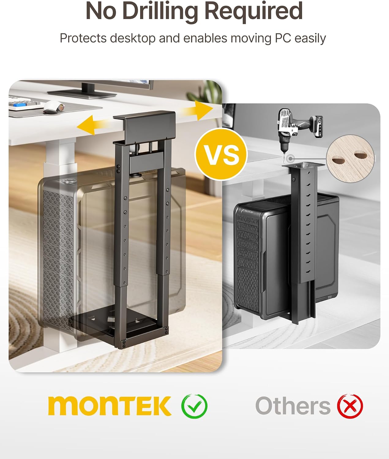monTEK No Drill Under Desk PC Mount, Clamp-On Heavy Duty CPU Holder with Ventilated Cooling Design for Standing Desk & Home Office, Fits Most PC Cases 16.1"-25.6" (H), 66 lbs, Black