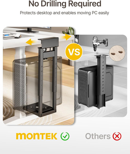 monTEK No Drill Under Desk PC Mount, Clamp-On Heavy Duty CPU Holder with Ventilated Cooling Design for Standing Desk & Home Office, Fits Most PC Cases 16.1"-25.6" (H), 66 lbs, Black