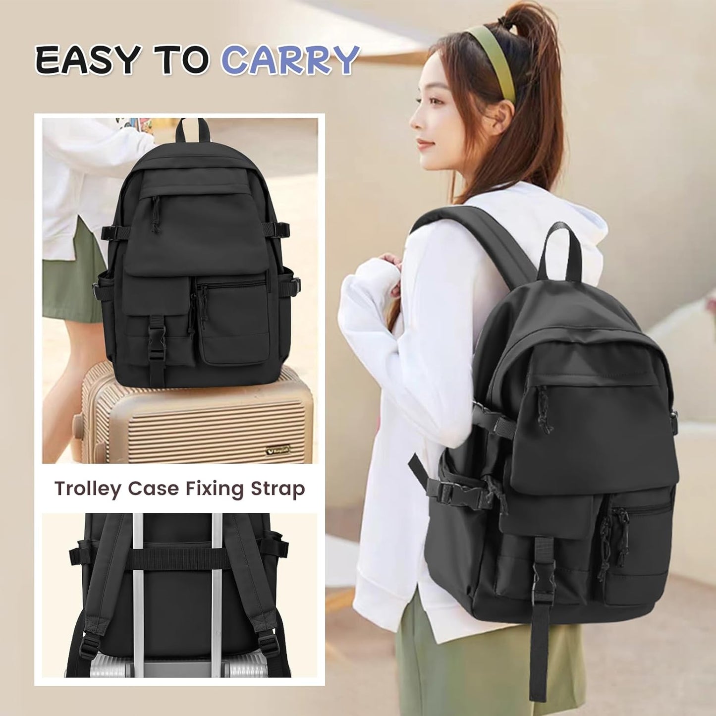 School Backpack for Women Men College High School Bags for Boys Girls Casual Daypack Laptop Backpack Waterproof Black Bookbag Travel Rucksack