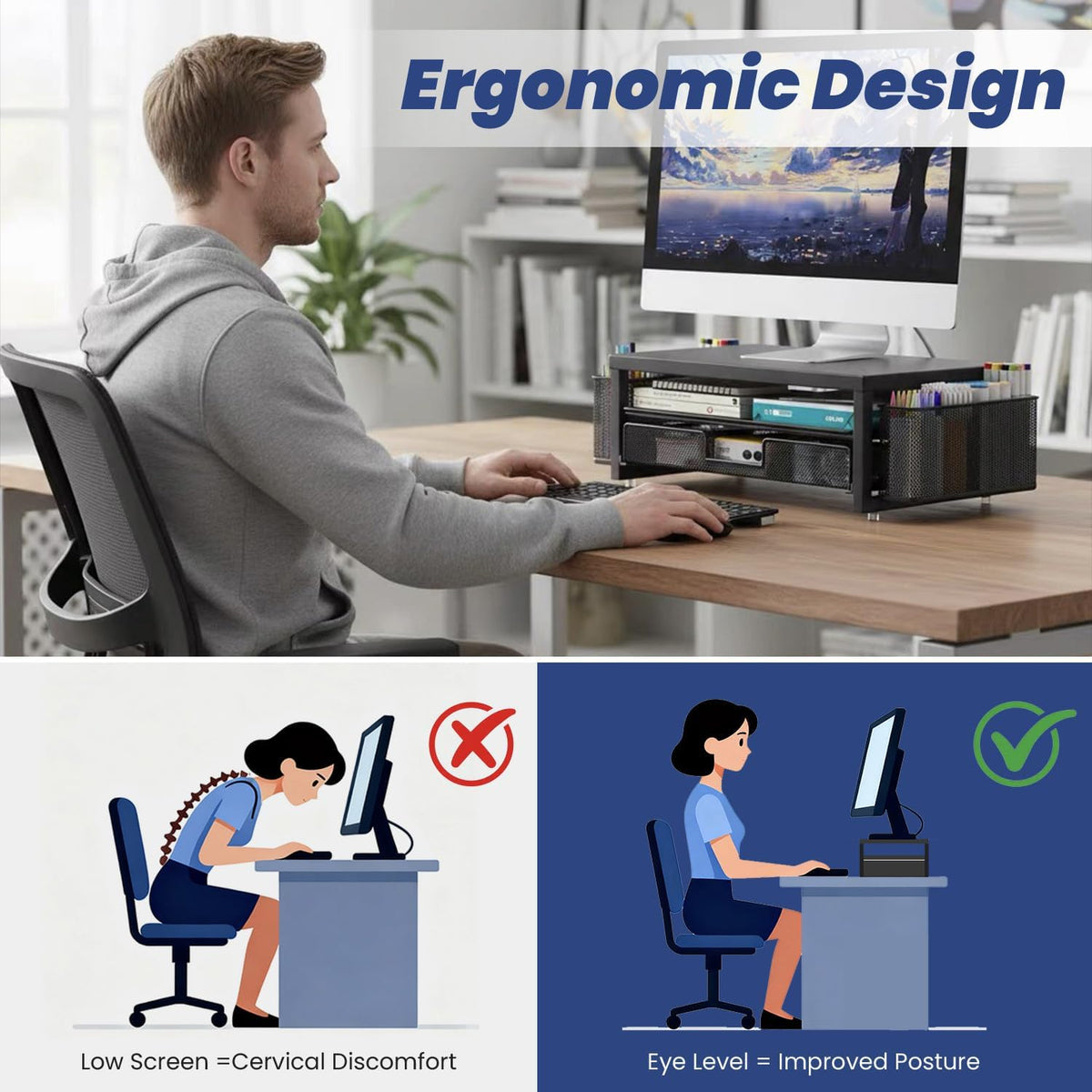 Metal Monitor Stand Riser with Drawer & 2 Pen Holders Storage for Desktop,2 Tier Computer Desk Organizer Stand for Laptop, Computer, iMac(Black)